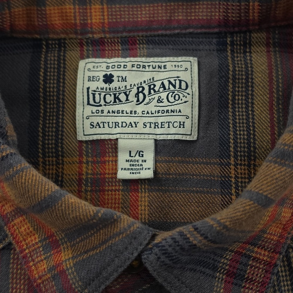 Lucky Brand Shirt Men's L Orange Gray Grey Plaid Saturday Stretch Snap Buttons - Picture 6 of 16